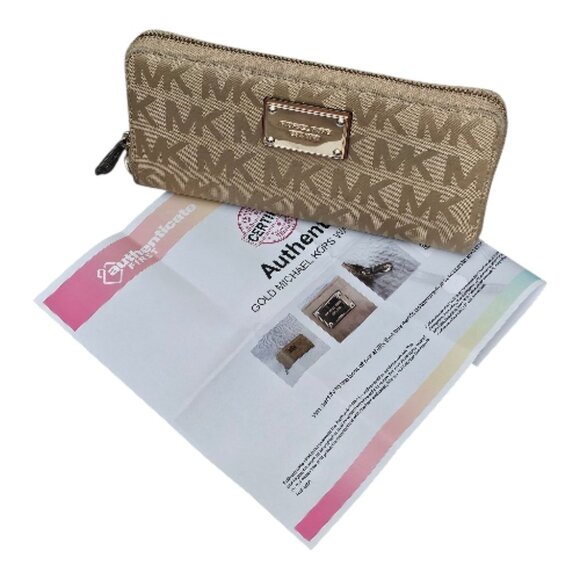 Michael Kors Jet Set Zip Around Tan Gold Large Travel Continental Wallet COA - Picture 6 of 8